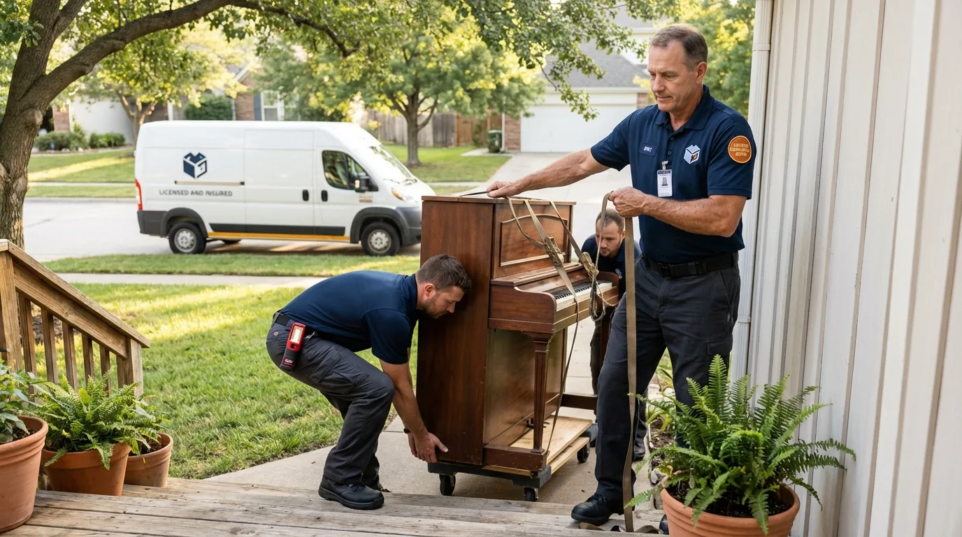 Licensed piano movers securing grand piano in Unionville, TN