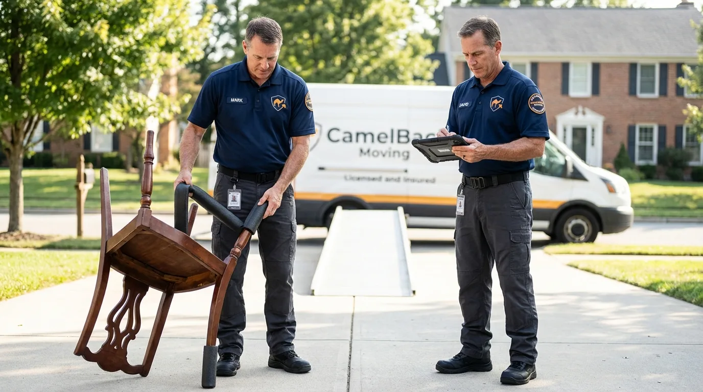 Movers inspecting furniture for damage prevention before loading in Unionville, TN