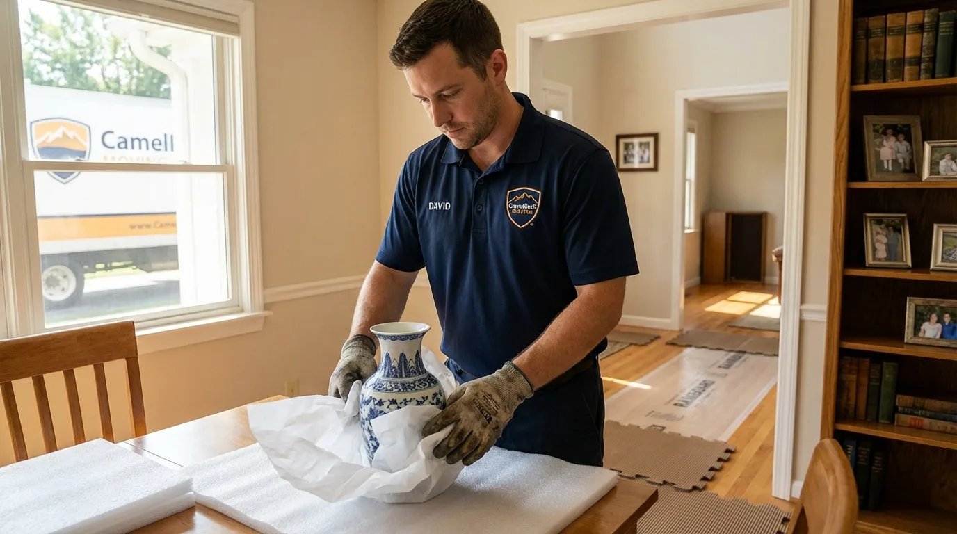 Professional crew carefully wrapping antique vase for senior downsizing move in Unionville, TN